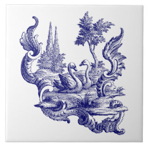 Azulejo De Cerâmica Par de Cisne Rococó Rococó-Rococó-Rocha Azul e Bra