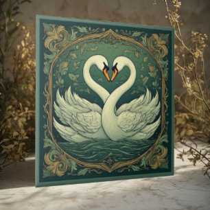 Azulejo De Cerâmica Par de Cisnes Arte Nova Floresta Verde Acento de P