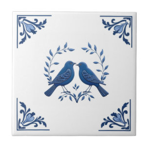 Azulejo De Cerâmica Par de Pássaro Românico Delft Azul Canto Floral Br