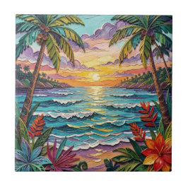 Azulejo De Cerâmica Paraíso Tropical | Cena de Praia Costeira Impasto