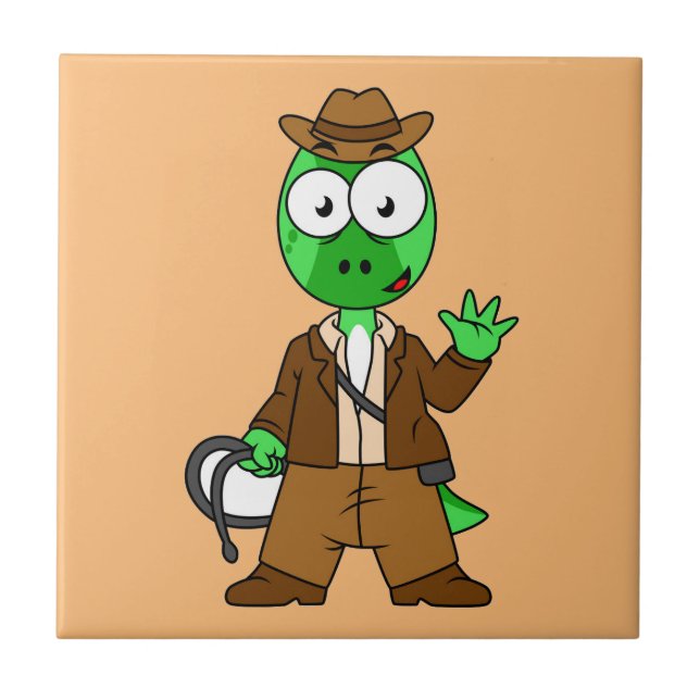 Azulejo De Cerâmica Parasaurolophus Vestido Como Indiana Jones. (Frente)