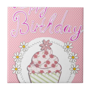 Azulejo De Cerâmica Parceiro de Feliz Aniversário do Cupcake Rosa