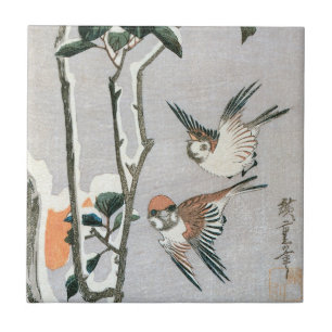 Azulejo De Cerâmica Pardais e Camélia na Neve por Ando Hiroshige