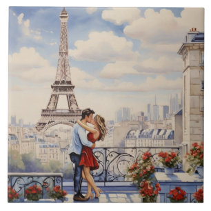 Azulejo De Cerâmica Paris Amor: Casal Romântico Varanda Torre Eiffel