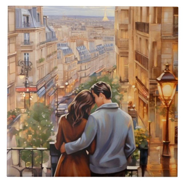 Azulejo De Cerâmica Paris Love: Romantic Couple French City View (Frente)