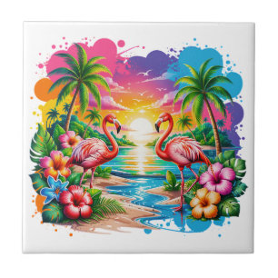 Azulejo De Cerâmica Parque de Flamingos Rosa Tropical ao Pôr do Sol Ar