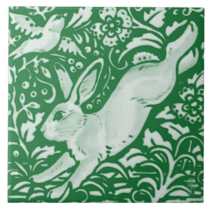 Azulejo De Cerâmica Páscoa Emerald Green Leaping Rabbit Floral Garden