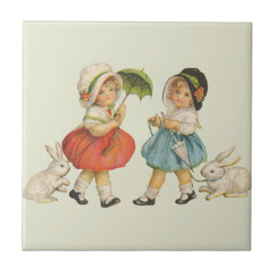 Azulejo De Cerâmica Páscoa Vintage Crianças Coelhinhos Toucas Antigo