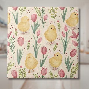Azulejo De Cerâmica Páscoa Vintage Fofa Galinhas Amarelas Tulipas Verm