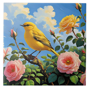 Azulejo De Cerâmica Pássaro amarelo colorido e rosas cor-de-rosa bonit