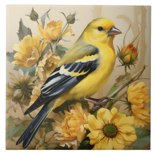 Azulejo De Cerâmica Pássaro amarelo e preto, Pintassilgo Americano