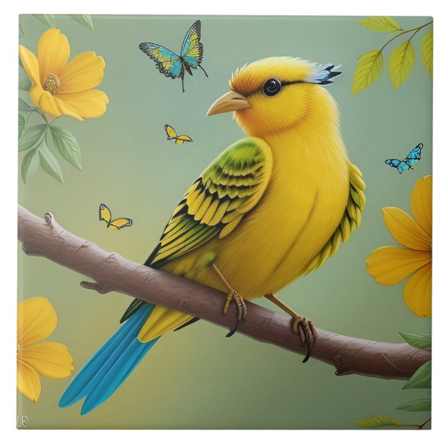 Azulejo De Cerâmica Pássaro Amarelo na Ramificação (Frente)