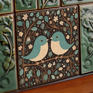 Azulejo De Cerâmica Pássaro Amor Vintage Marrom Azul Art Nouveau Baço