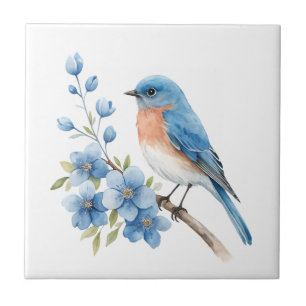 Azulejo De Cerâmica Pássaro azul com flores azuis