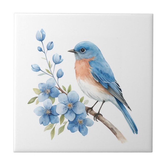 Azulejo De Cerâmica Pássaro azul com flores azuis (Frente)