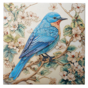 Azulejo De Cerâmica Pássaro Azul com Flores Creme