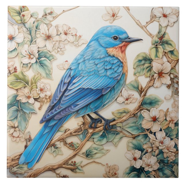 Azulejo De Cerâmica Pássaro Azul com Flores Creme (Frente)