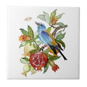 Azulejo De Cerâmica Pássaro Azul Entre Romãs Aquarela Botânica