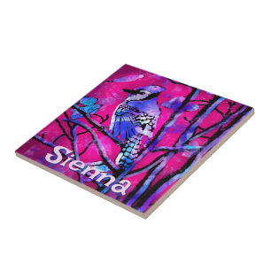 Azulejo De Cerâmica Pássaro Azul Gaio Ramo de Árvore Rosa Personalizad