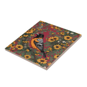 Azulejo De Cerâmica Pássaro Baltimore Oriole e Flores Black Eyed Susan
