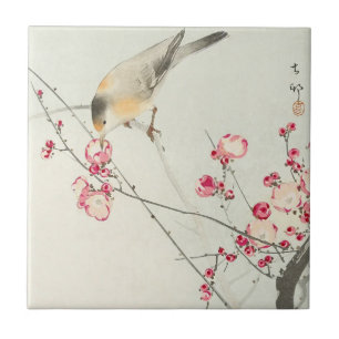 Azulejo De Cerâmica Pássaro Canoro no Ramo Florido por Ohara Koson
