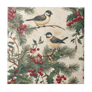 Azulejo De Cerâmica Pássaro Canoro Patrimônio Holly Natal Creme Flores