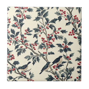 Azulejo De Cerâmica Pássaro Cantor Elegante Azevinho de Inverno Creme 