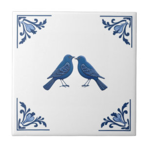 Azulejo De Cerâmica Pássaro Casal Delft Blue e White Floral Cantos