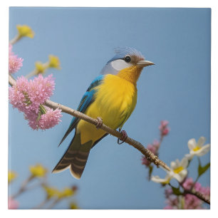 Azulejo De Cerâmica Pássaro Colorido em Ramo Florido
