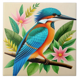 Azulejo De Cerâmica Pássaro Colorido Kingfisher Empoleirado na Ramific
