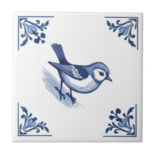 Azulejo De Cerâmica Pássaro com Cantos Florais em Azul e Branco de Del