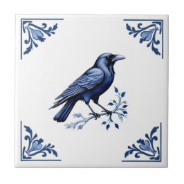 Azulejo De Cerâmica Pássaro Coroa Azul Delft e Cantos Florais Brancos