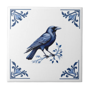 Azulejo De Cerâmica Pássaro Coroa Azul Delft e Cantos Florais Brancos