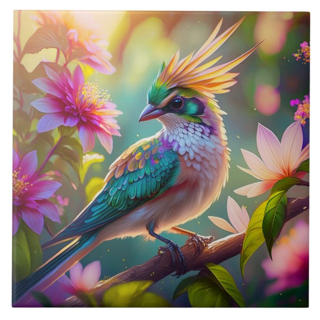 Azulejo De Cerâmica Pássaro da Fantasia da Finch com Cabeça Verde Deit (Frente)