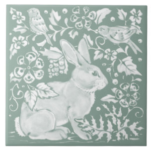 Azulejo De Cerâmica Pássaro de Coelho Verde bonito Sage Floral