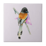 Azulejo De Cerâmica Pássaro de Oriole com pintura da aguarela do<br><div class="desc">Esta é uma pintura da aguarela de um oriole empoleirado em um ramo. Eu adicionei um elemento abstrato à pintura.</div>