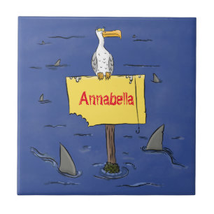 Azulejo De Cerâmica Pássaro-do-mar engraçado circulado por desenhos an