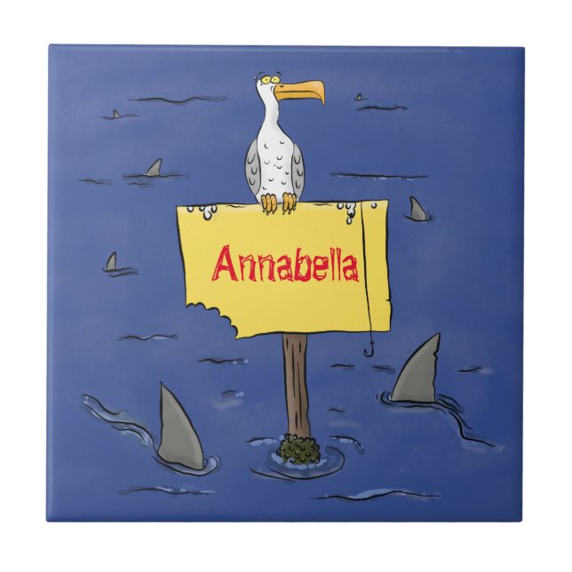 Azulejo De Cerâmica Pássaro-do-mar engraçado circulado por desenhos an (Frente)