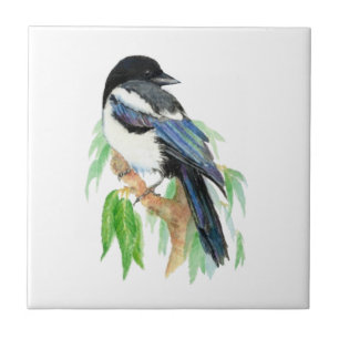 Azulejo De Cerâmica Pássaro e Árvore Selvagem de Magpie de Aquarela
