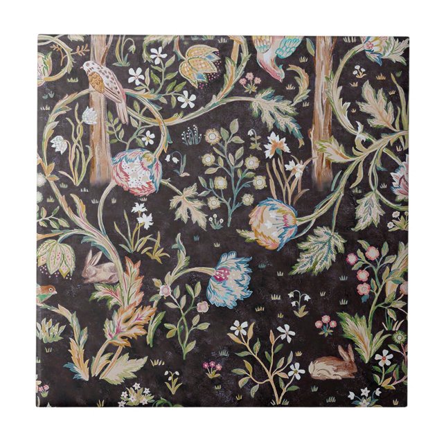 Azulejo De Cerâmica Pássaro e Coelho no Jardim Flor, William Morris (Frente)