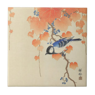Azulejo De Cerâmica Pássaro e hera vermelha por Ohara Koson
