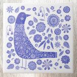 Azulejo De Cerâmica Pássaro Escandinavo Azul e Branco<br><div class="desc">Estilo de arte popular escandinava,  design de pássaro e flor,  azul e branco. Arte original de Nic Squirrell.</div>