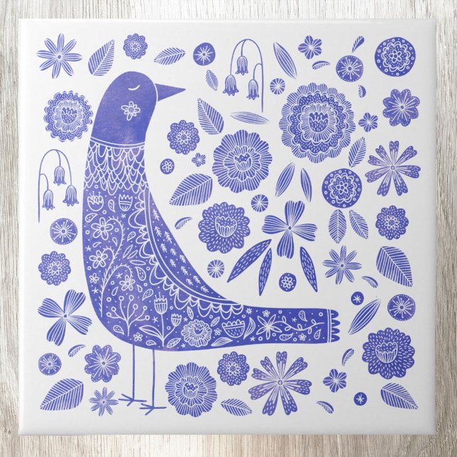 Azulejo De Cerâmica Pássaro Escandinavo Azul e Branco (Scandinavian blue and white bird watercolor art ceramic tile)