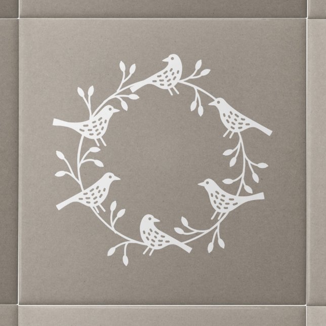 Azulejo De Cerâmica Pássaro Escandinavo Moderno e Wreath Rosehip (White Scandinavian bird wreath ceramic tile)