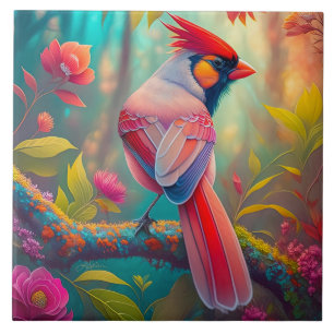 Azulejo De Cerâmica Pássaro Fantasia Cardinal Macho