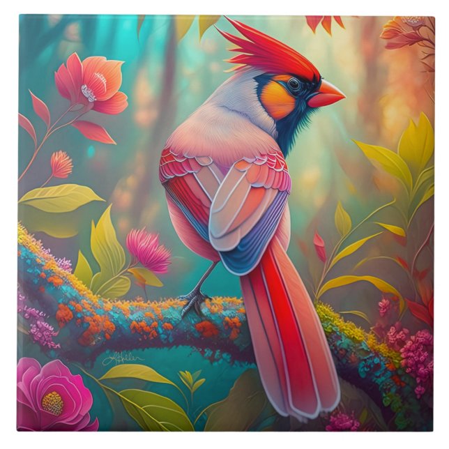 Azulejo De Cerâmica Pássaro Fantasia Cardinal Macho (Frente)