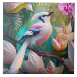 Azulejo De Cerâmica Pássaro Fantástico Branca Pincado