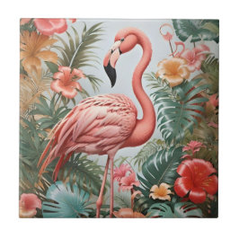 Azulejo De Cerâmica Pássaro Flamingo Rosa Elegante e Flores Tropicais
