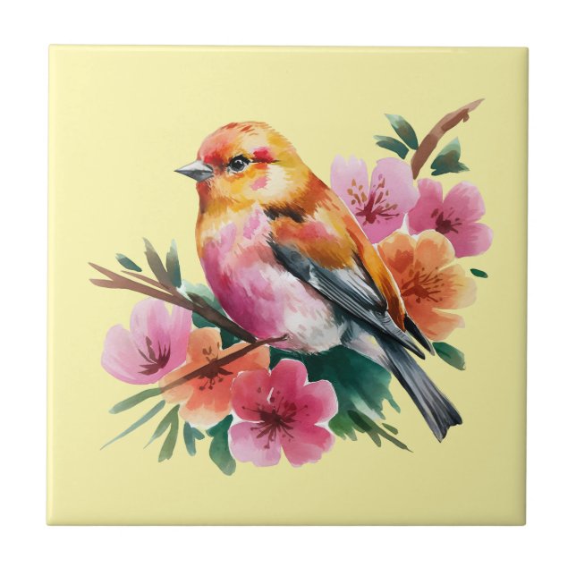 Azulejo De Cerâmica Passaro Flor Rosa (Frente)