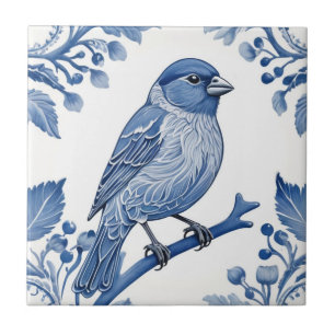 Azulejo De Cerâmica Pássaro Floral Branco e Azul Finch Delft